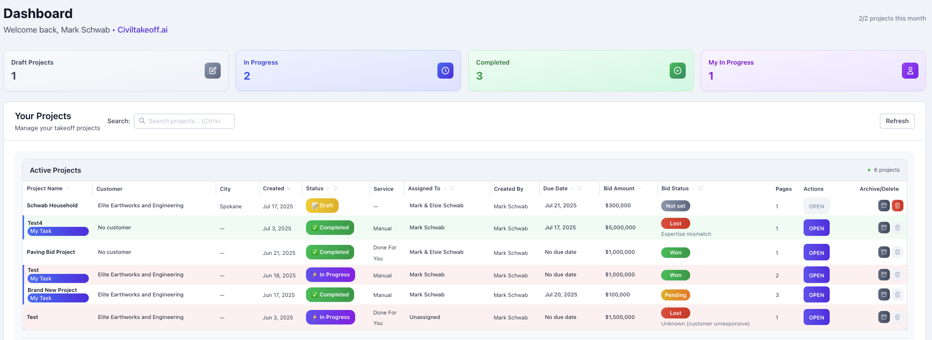 Dashboard Interface - Professional Takeoff Service Results